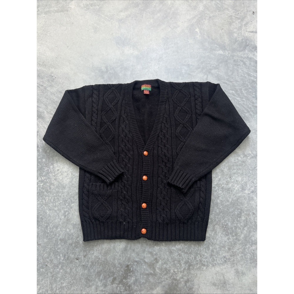 Oakton Limited Mens XL Black Cable Knit Cardigan Sweater Vintage Button Front